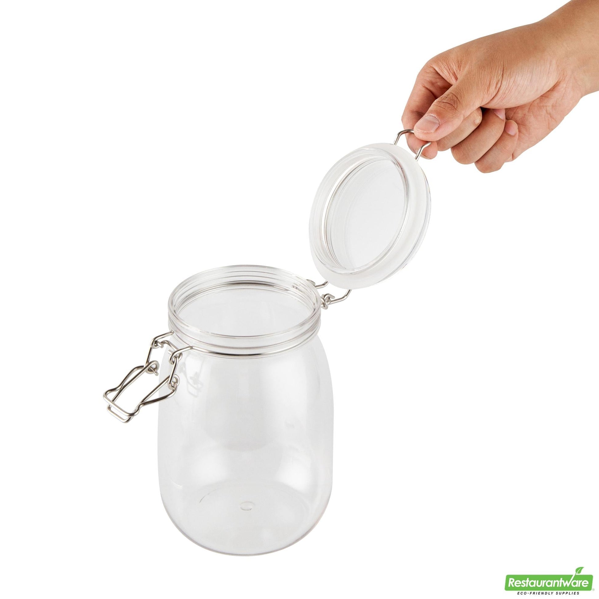 Wholesale Restaurantware Met Lux 39 Oz Round Clear Plastic Storage Jar - with Hinged Lid - 4 1/4" X 4 1/4" X 7" - 2 Count Box- Bulk