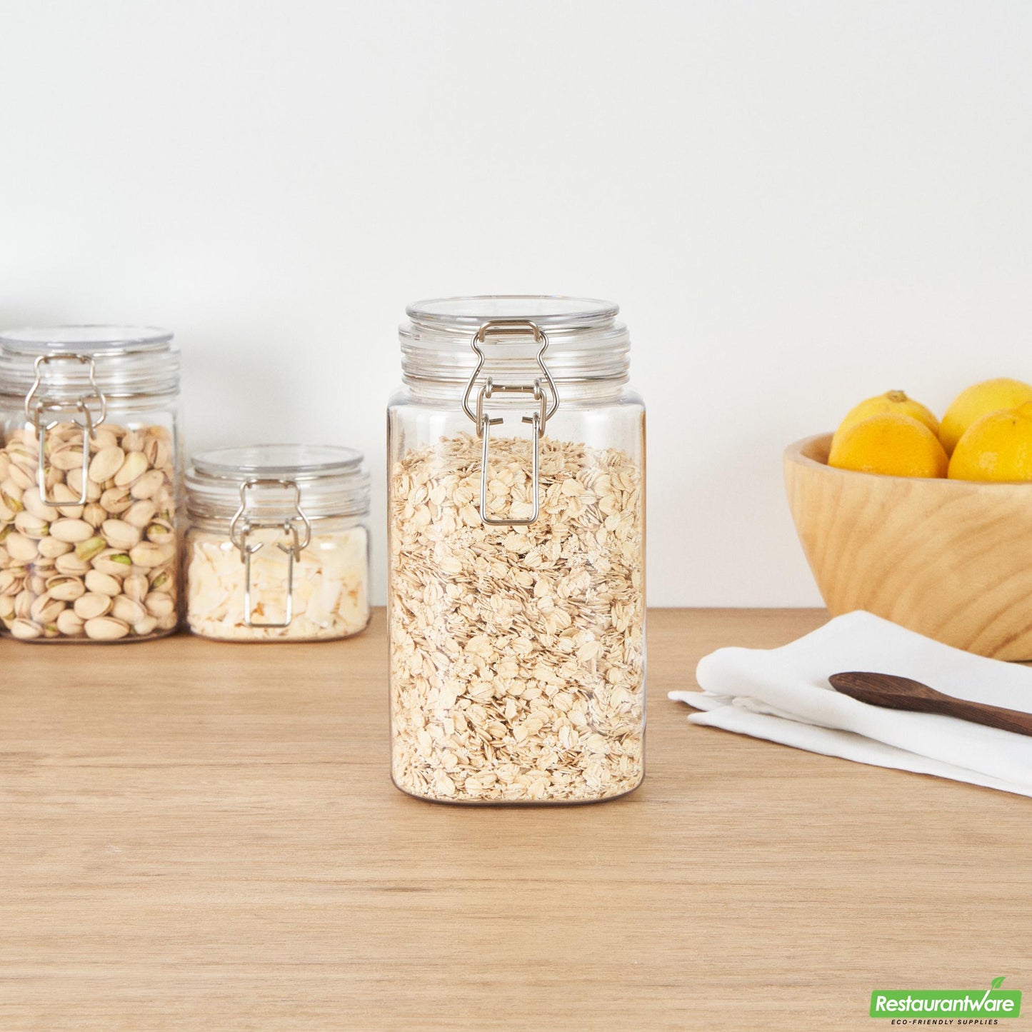 Wholesale Restaurantware Met Lux 53 Oz Square Clear Plastic Storage Jar - with Hinged Lid - 4 1/4" X 4 1/4" X 7 3/4" - 20 Count Box- Bulk