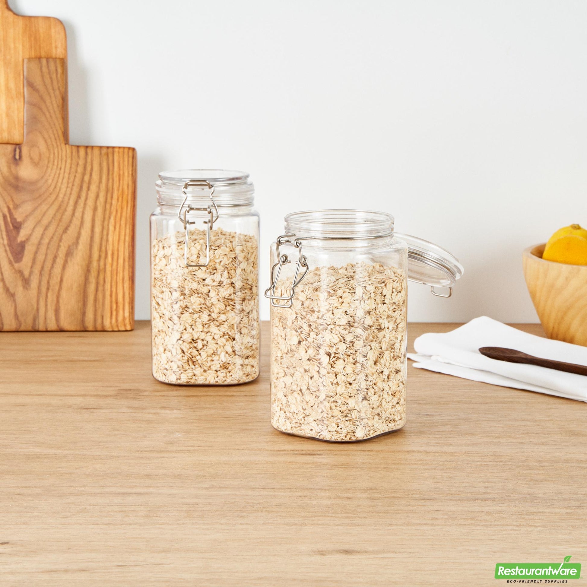 Wholesale Restaurantware Met Lux 53 Oz Square Clear Plastic Storage Jar - with Hinged Lid - 4 1/4" X 4 1/4" X 7 3/4" - 20 Count Box- Bulk