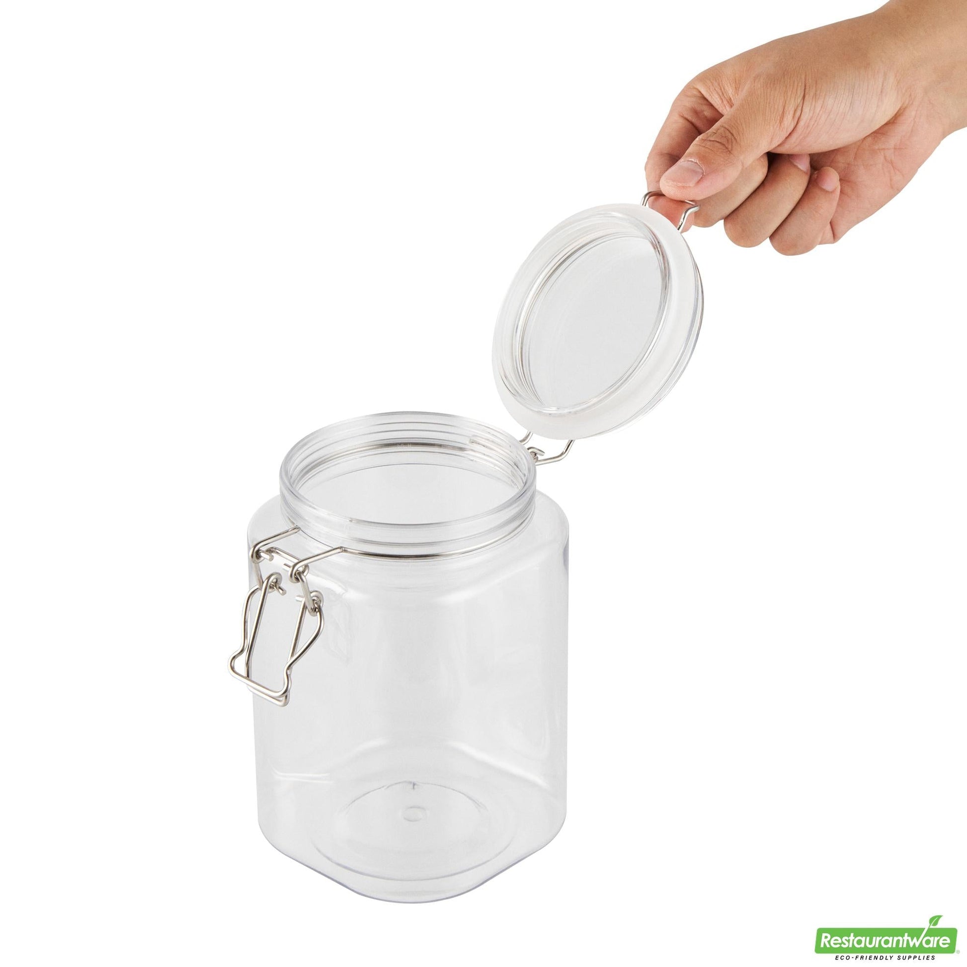 Wholesale Restaurantware Met Lux 43 Oz Square Clear Plastic Storage Jar - with Hinged Lid - 4 1/4" X 4 1/4" X 6 3/4" - 20 Count Box- Bulk