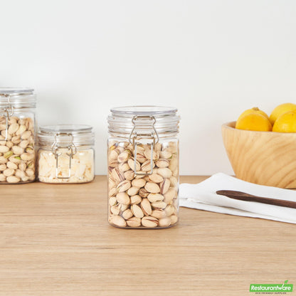 Wholesale Restaurantware Met Lux 29 Oz Square Clear Plastic Storage Jar - with Hinged Lid - 3 3/4" X 3 3/4" X 6" - 2 Count Box- Bulk