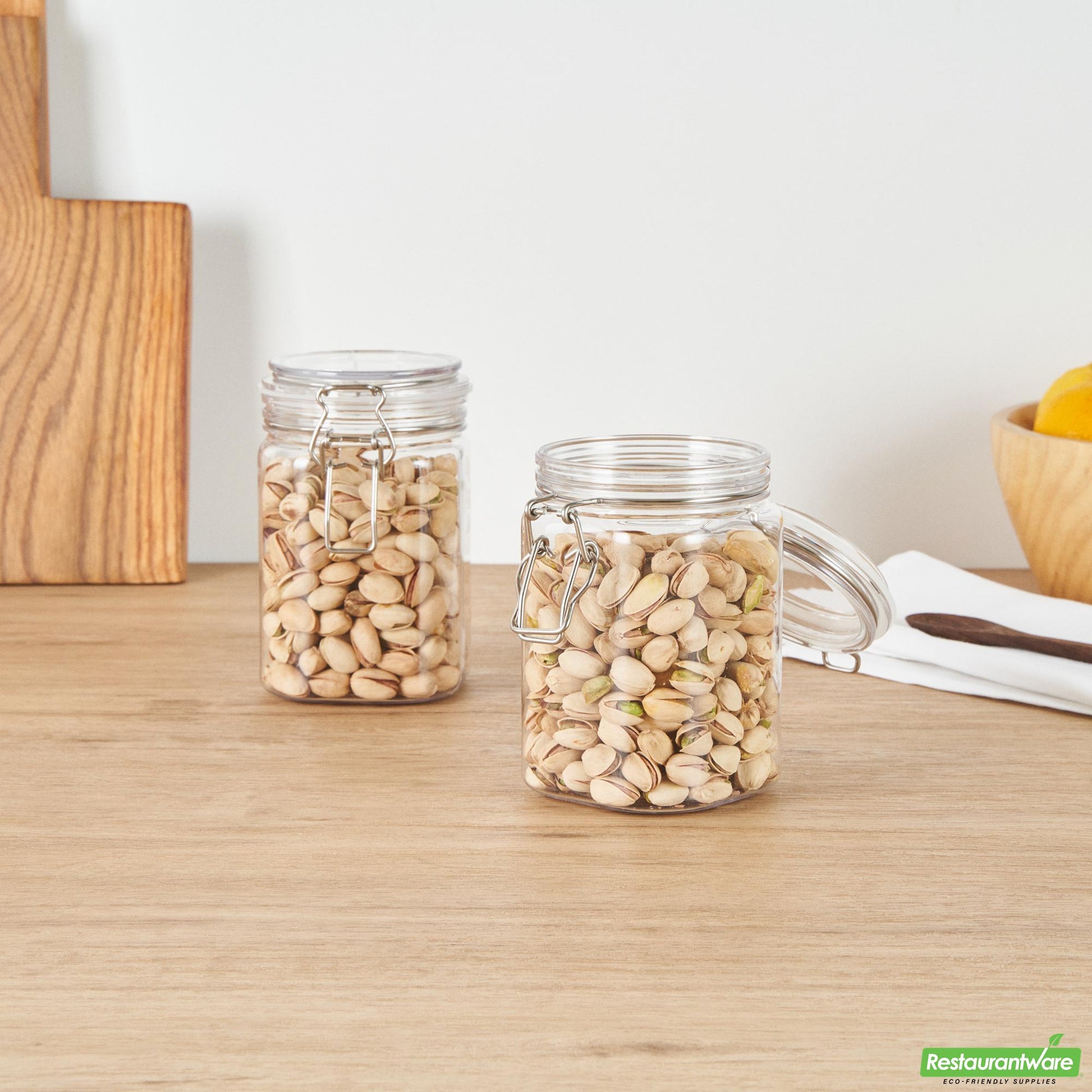 Wholesale Restaurantware Met Lux 29 Oz Square Clear Plastic Storage Jar - with Hinged Lid - 3 3/4" X 3 3/4" X 6" - 20 Count Box- Bulk