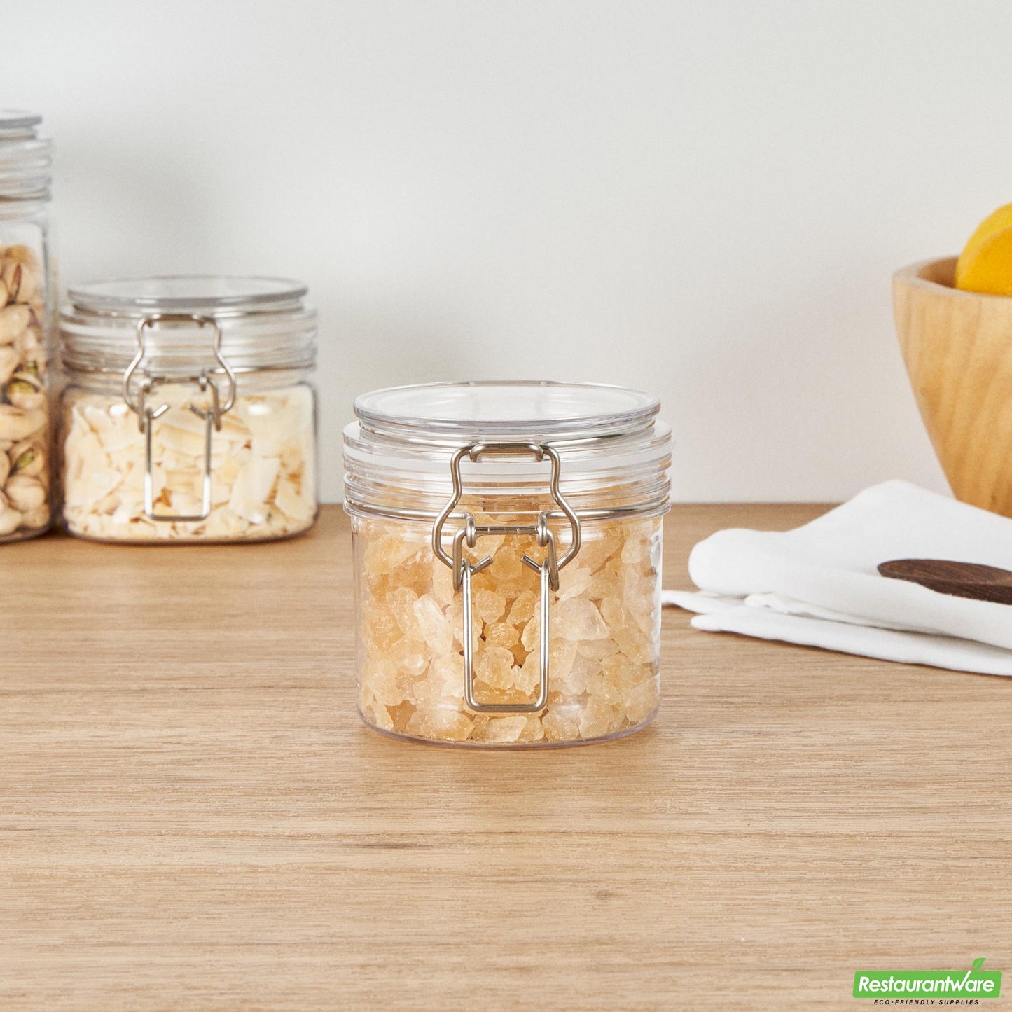Wholesale Restaurantware Met Lux 12 Oz Round Clear Plastic Storage Jar - with Hinged Lid - 3 1/2" X 3 1/2" X 3 1/2" - 20 Count Box- Bulk