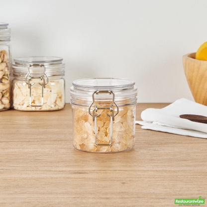 Wholesale Restaurantware Met Lux 12 Oz Round Clear Plastic Storage Jar - with Hinged Lid - 3 1/2" X 3 1/2" X 3 1/2" - 20 Count Box- Bulk
