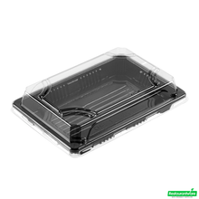 Wholesale Restaurantware Roku Rectangle Black Plastic Take Out Sushi Tray - with Clear Lid - 6 1/2" X 4 1/4" X 1 1/2" - 100 Count Box- Bulk