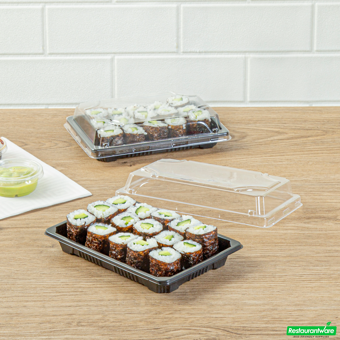 Wholesale Restaurantware Roku Rectangle Black Plastic Take Out Sushi Tray - with Clear Lid - 6 1/2" X 4 1/4" X 1 1/2" - 100 Count Box- Bulk