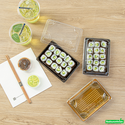Wholesale Restaurantware Roku Rectangle Black Plastic Take Out Sushi Tray - with Clear Lid - 6 1/2" X 4 1/4" X 1 1/2" - 100 Count Box- Bulk