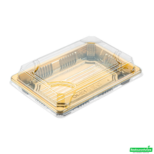Wholesale Restaurantware Roku Rectangle Gold Plastic Take Out Sushi Tray - with Clear Lid - 6 1/2" X 4 1/4" X 1 1/2" - 100 Count Box- Bulk