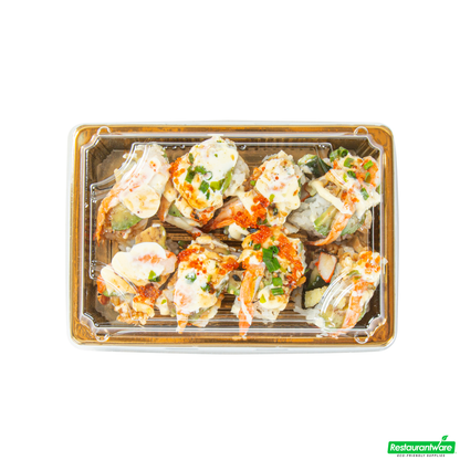 Wholesale Restaurantware Roku Rectangle Gold Plastic Take Out Sushi Tray - with Clear Lid - 6 1/2" X 4 1/4" X 1 1/2" - 100 Count Box- Bulk