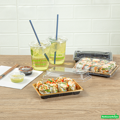 Wholesale Restaurantware Roku Rectangle Gold Plastic Take Out Sushi Tray - with Clear Lid - 6 1/2" X 4 1/4" X 1 1/2" - 100 Count Box- Bulk