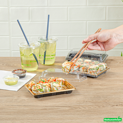Wholesale Restaurantware Roku Rectangle Gold Plastic Take Out Sushi Tray - with Clear Lid - 6 1/2" X 4 1/4" X 1 1/2" - 100 Count Box- Bulk