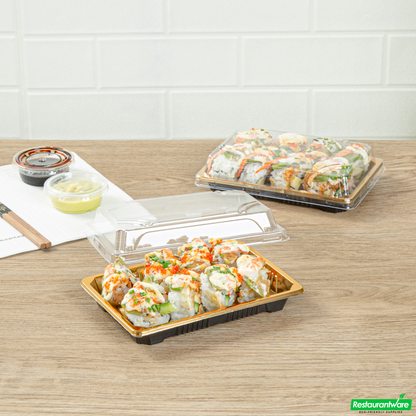Wholesale Restaurantware Roku Rectangle Gold Plastic Take Out Sushi Tray - with Clear Lid - 6 1/2" X 4 1/4" X 1 1/2" - 100 Count Box- Bulk