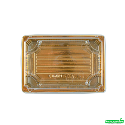Wholesale Restaurantware Roku Rectangle Gold Plastic Take Out Sushi Tray - with Clear Lid - 6 1/2" X 4 1/4" X 1 1/2" - 100 Count Box- Bulk