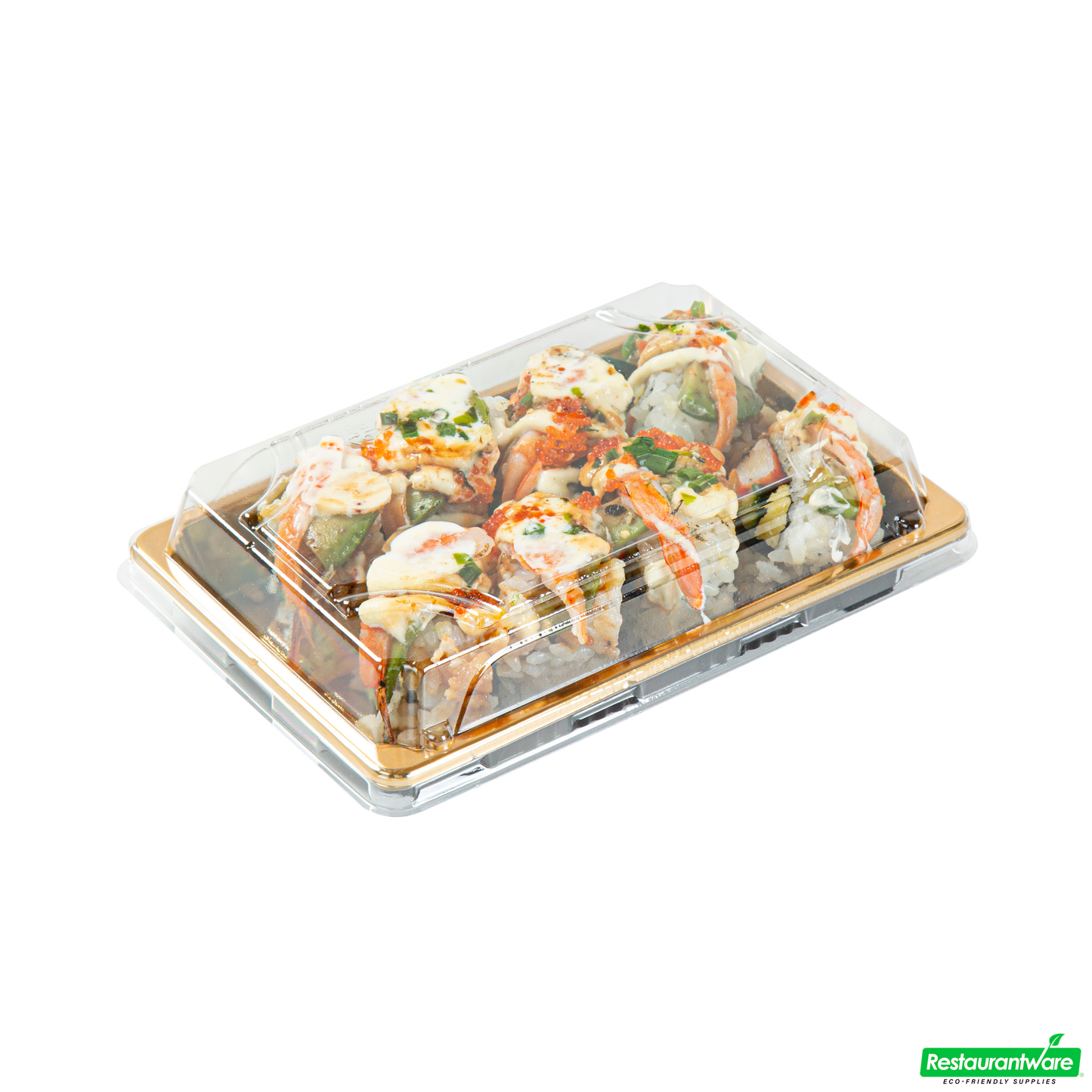 Wholesale Restaurantware Roku Rectangle Gold Plastic Take Out Sushi Tray - with Clear Lid - 6 1/2" X 4 1/4" X 1 1/2" - 100 Count Box- Bulk
