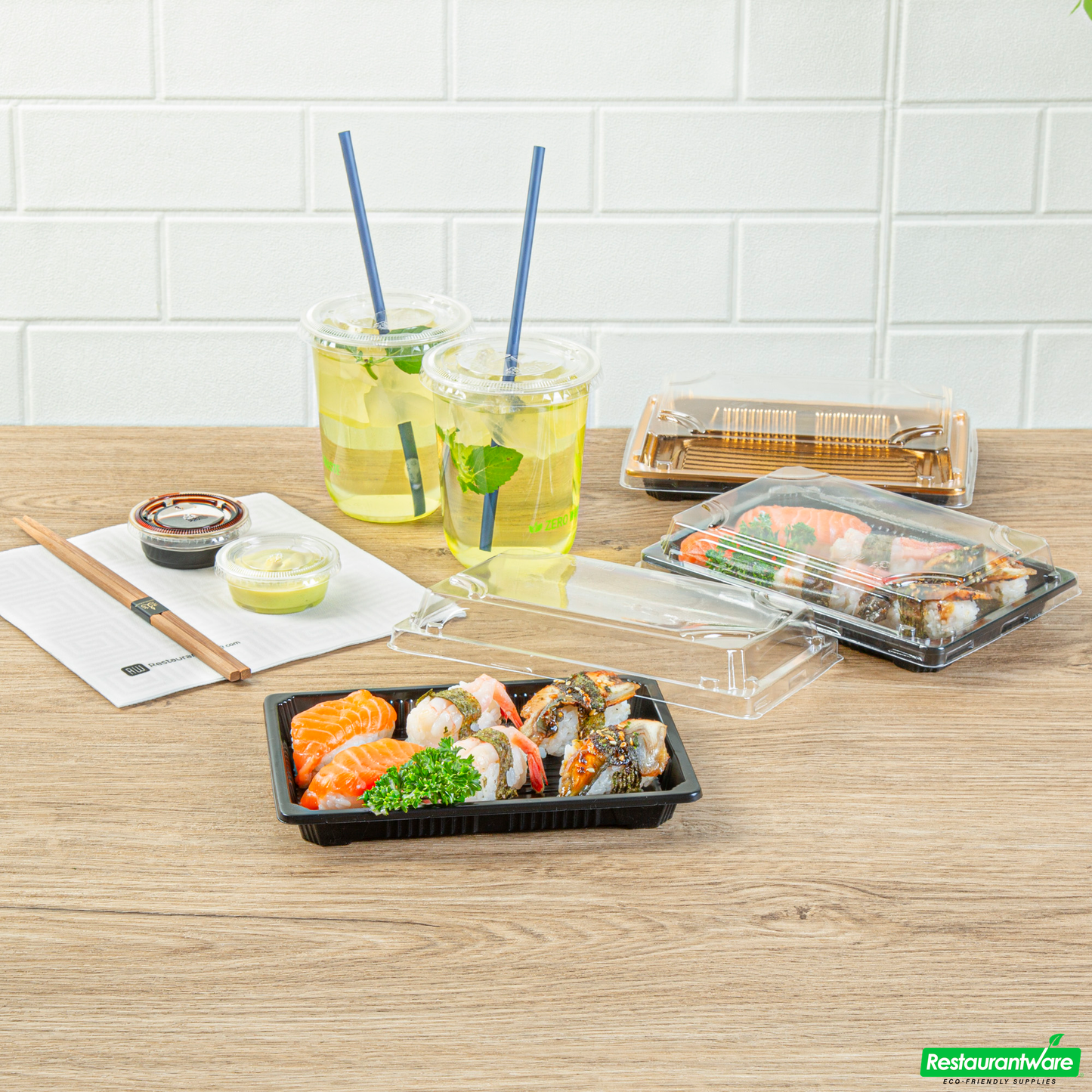 Wholesale Restaurantware Roku Rectangle Black Plastic Take Out Sushi Tray - with Clear Lid - 7" X 5" X 1 1/2" - 100 Count Box- Bulk