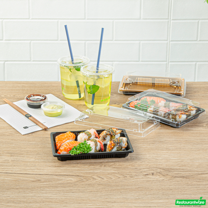 Wholesale Restaurantware Roku Rectangle Black Plastic Take Out Sushi Tray - with Clear Lid - 7" X 5" X 1 1/2" - 100 Count Box- Bulk
