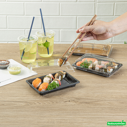 Wholesale Restaurantware Roku Rectangle Black Plastic Take Out Sushi Tray - with Clear Lid - 7" X 5" X 1 1/2" - 100 Count Box- Bulk