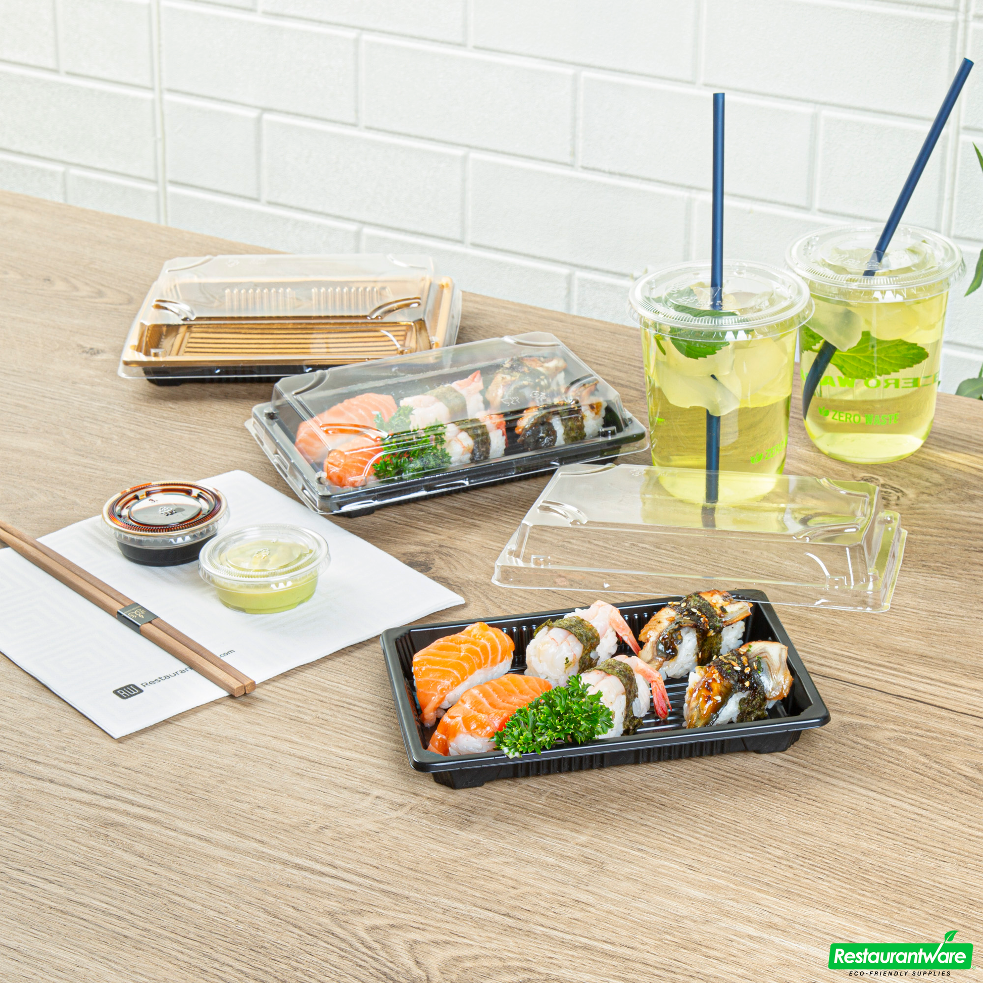 Wholesale Restaurantware Roku Rectangle Black Plastic Take Out Sushi Tray - with Clear Lid - 7" X 5" X 1 1/2" - 100 Count Box- Bulk