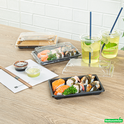 Wholesale Restaurantware Roku Rectangle Black Plastic Take Out Sushi Tray - with Clear Lid - 7" X 5" X 1 1/2" - 100 Count Box- Bulk