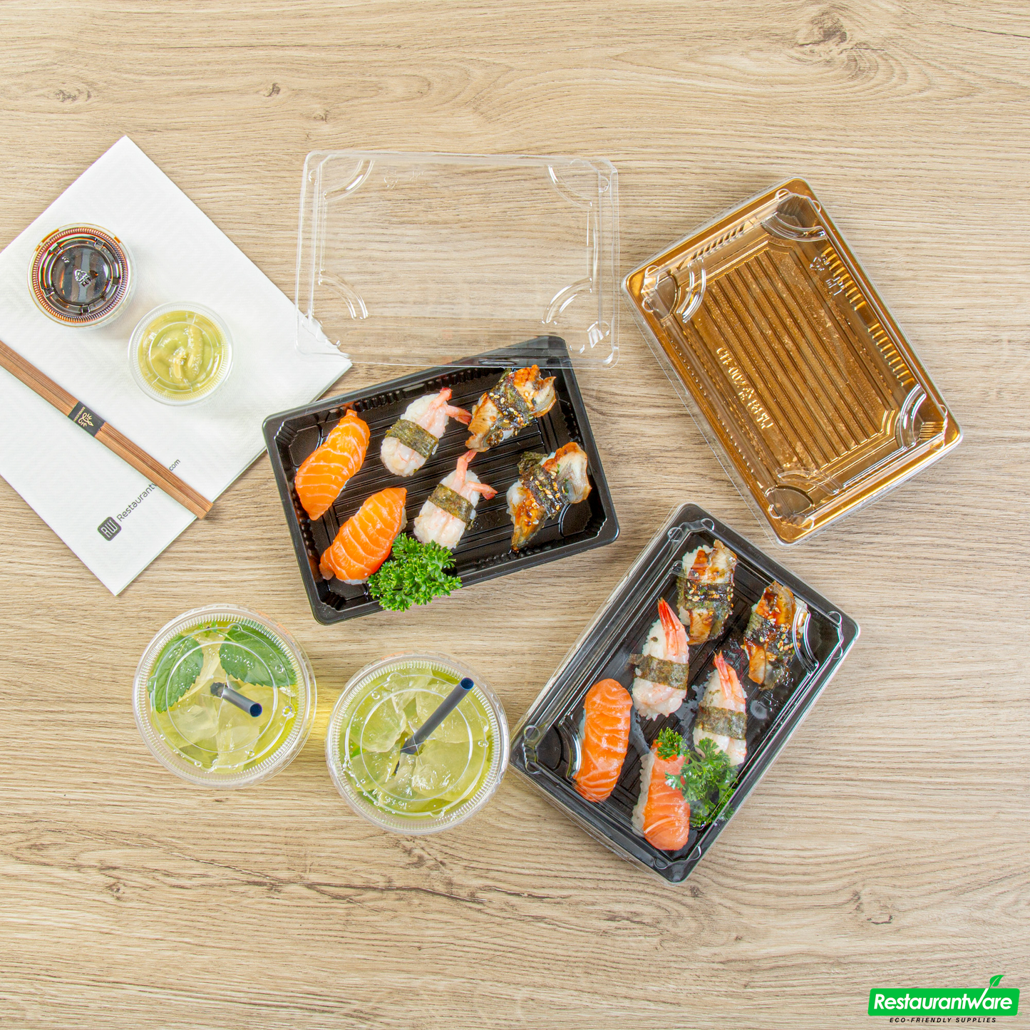 Wholesale Restaurantware Roku Rectangle Black Plastic Take Out Sushi Tray - with Clear Lid - 7" X 5" X 1 1/2" - 100 Count Box- Bulk