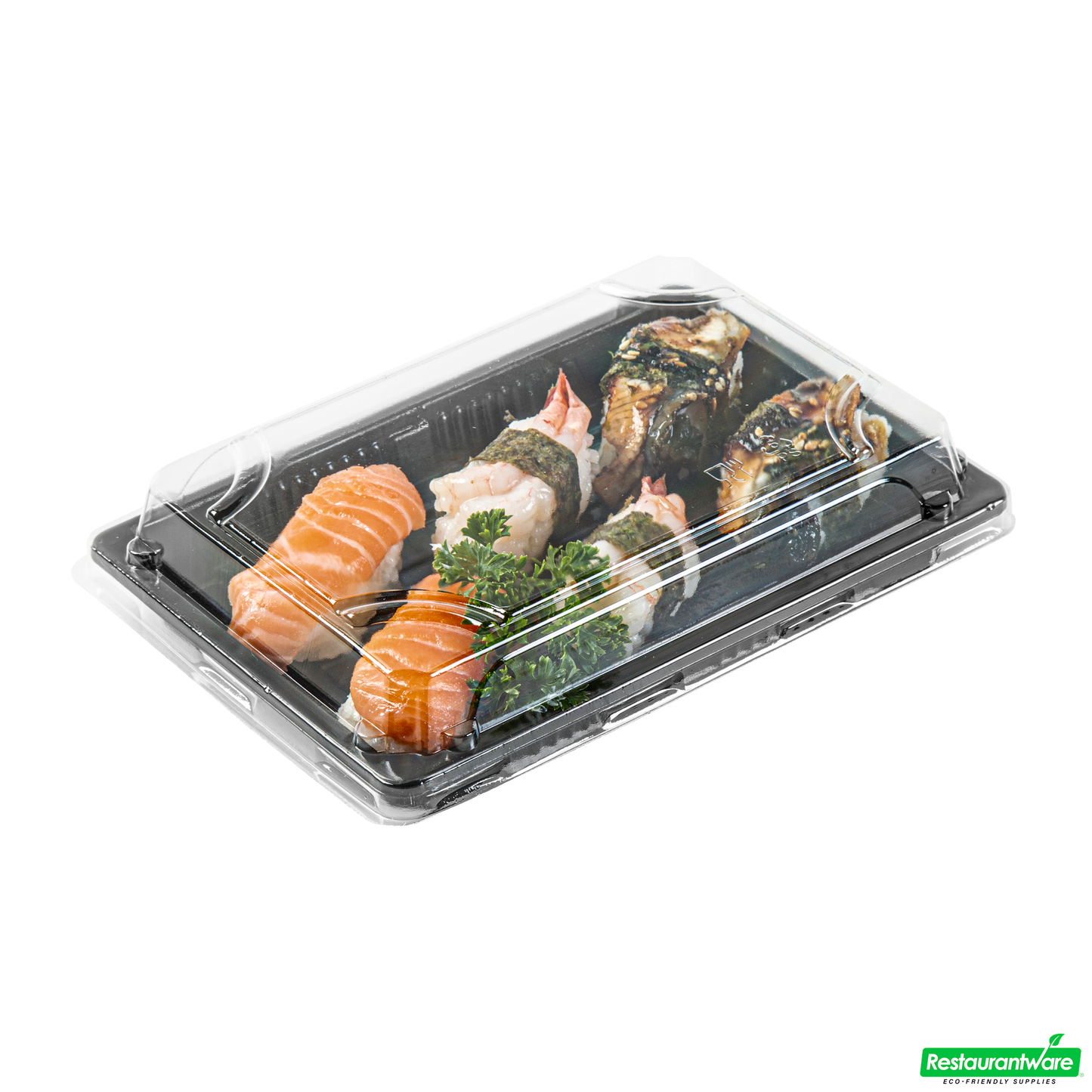 Wholesale Restaurantware Roku Rectangle Black Plastic Take Out Sushi Tray - with Clear Lid - 7" X 5" X 1 1/2" - 100 Count Box- Bulk