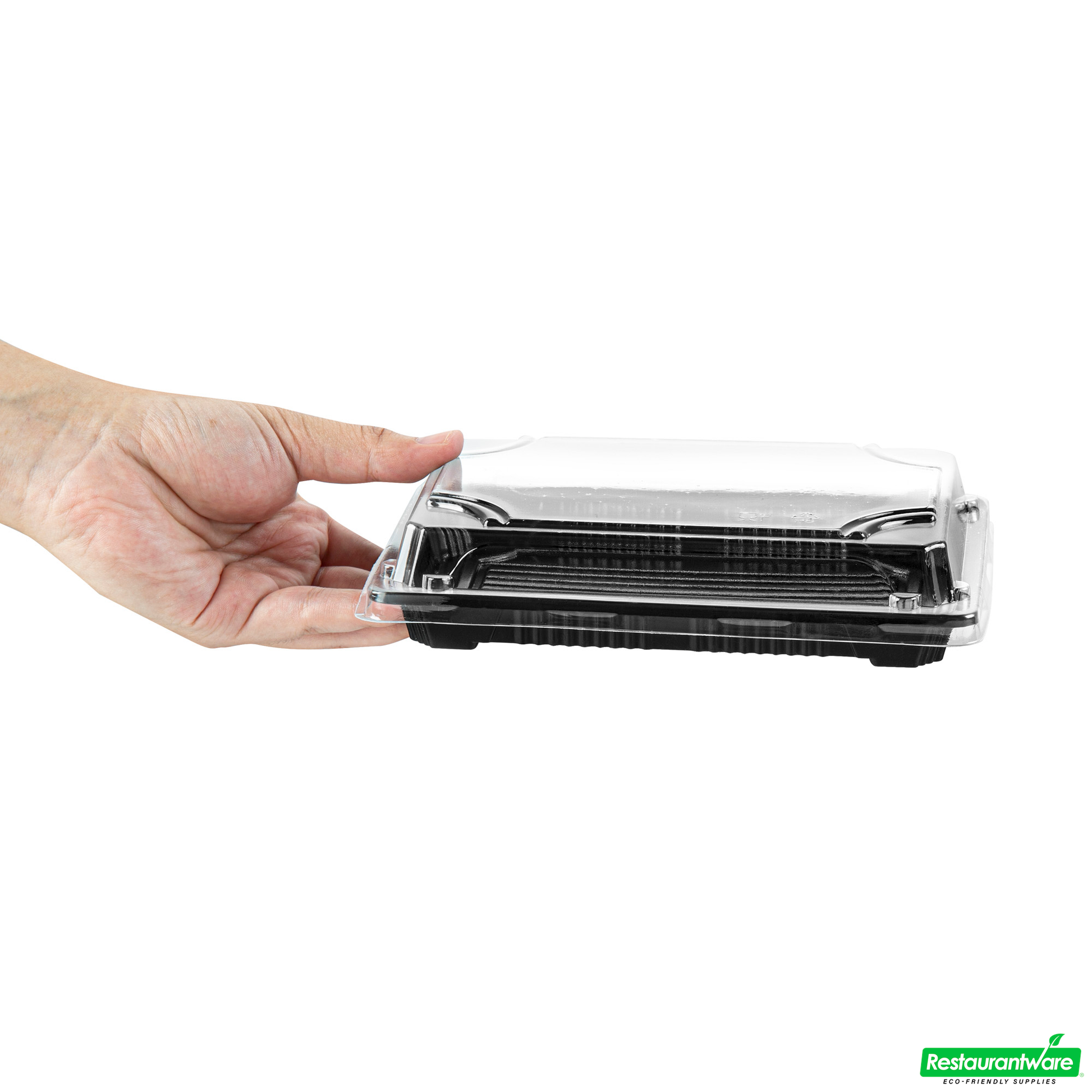 Wholesale Restaurantware Roku Rectangle Black Plastic Take Out Sushi Tray - with Clear Lid - 7" X 5" X 1 1/2" - 100 Count Box- Bulk