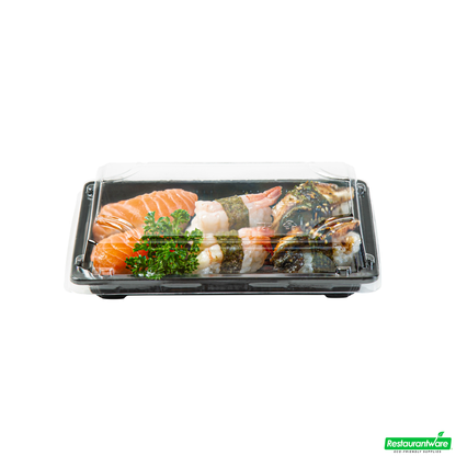 Wholesale Restaurantware Roku Rectangle Black Plastic Take Out Sushi Tray - with Clear Lid - 7" X 5" X 1 1/2" - 100 Count Box- Bulk