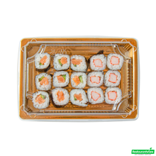 Wholesale Restaurantware Roku Rectangle Gold Plastic Take Out Sushi Tray - with Clear Lid - 7" X 5" X 1 1/2" - 100 Count Box- Bulk