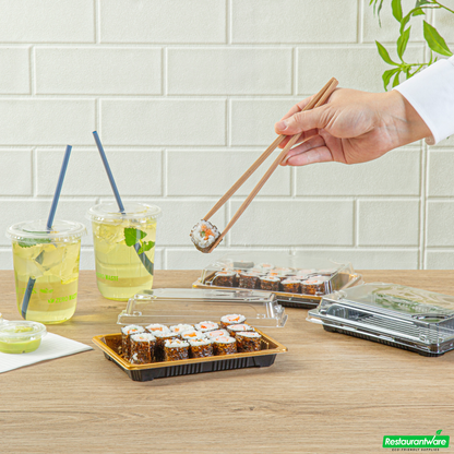 Wholesale Restaurantware Roku Rectangle Gold Plastic Take Out Sushi Tray - with Clear Lid - 7" X 5" X 1 1/2" - 100 Count Box- Bulk