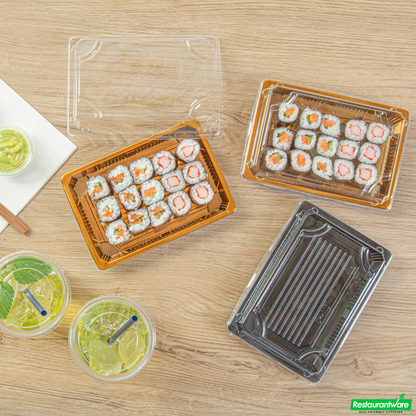 Wholesale Restaurantware Roku Rectangle Gold Plastic Take Out Sushi Tray - with Clear Lid - 7" X 5" X 1 1/2" - 100 Count Box- Bulk