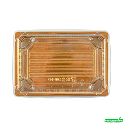 Wholesale Restaurantware Roku Rectangle Gold Plastic Take Out Sushi Tray - with Clear Lid - 7" X 5" X 1 1/2" - 100 Count Box- Bulk