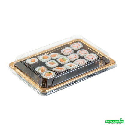Wholesale Restaurantware Roku Rectangle Gold Plastic Take Out Sushi Tray - with Clear Lid - 7" X 5" X 1 1/2" - 100 Count Box- Bulk