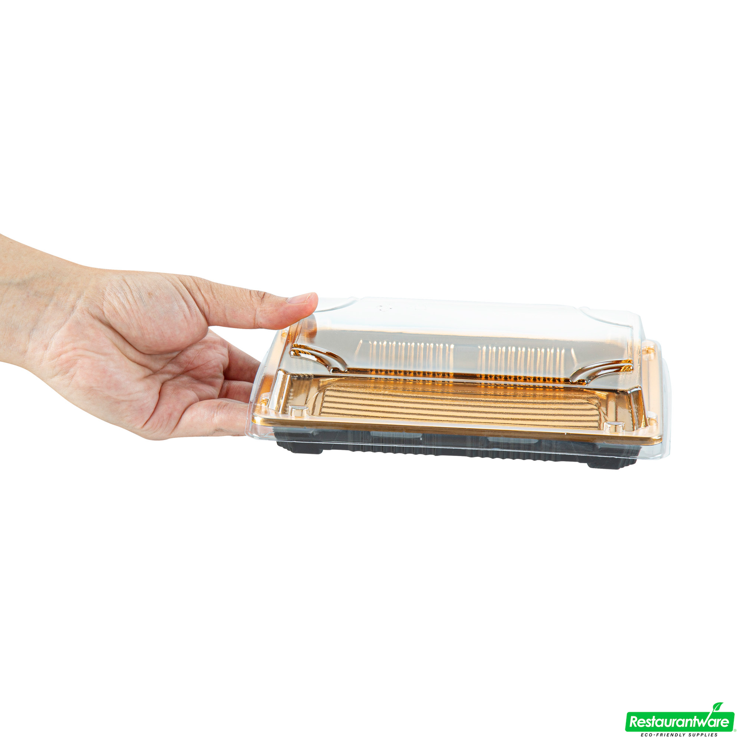 Wholesale Restaurantware Roku Rectangle Gold Plastic Take Out Sushi Tray - with Clear Lid - 7" X 5" X 1 1/2" - 100 Count Box- Bulk