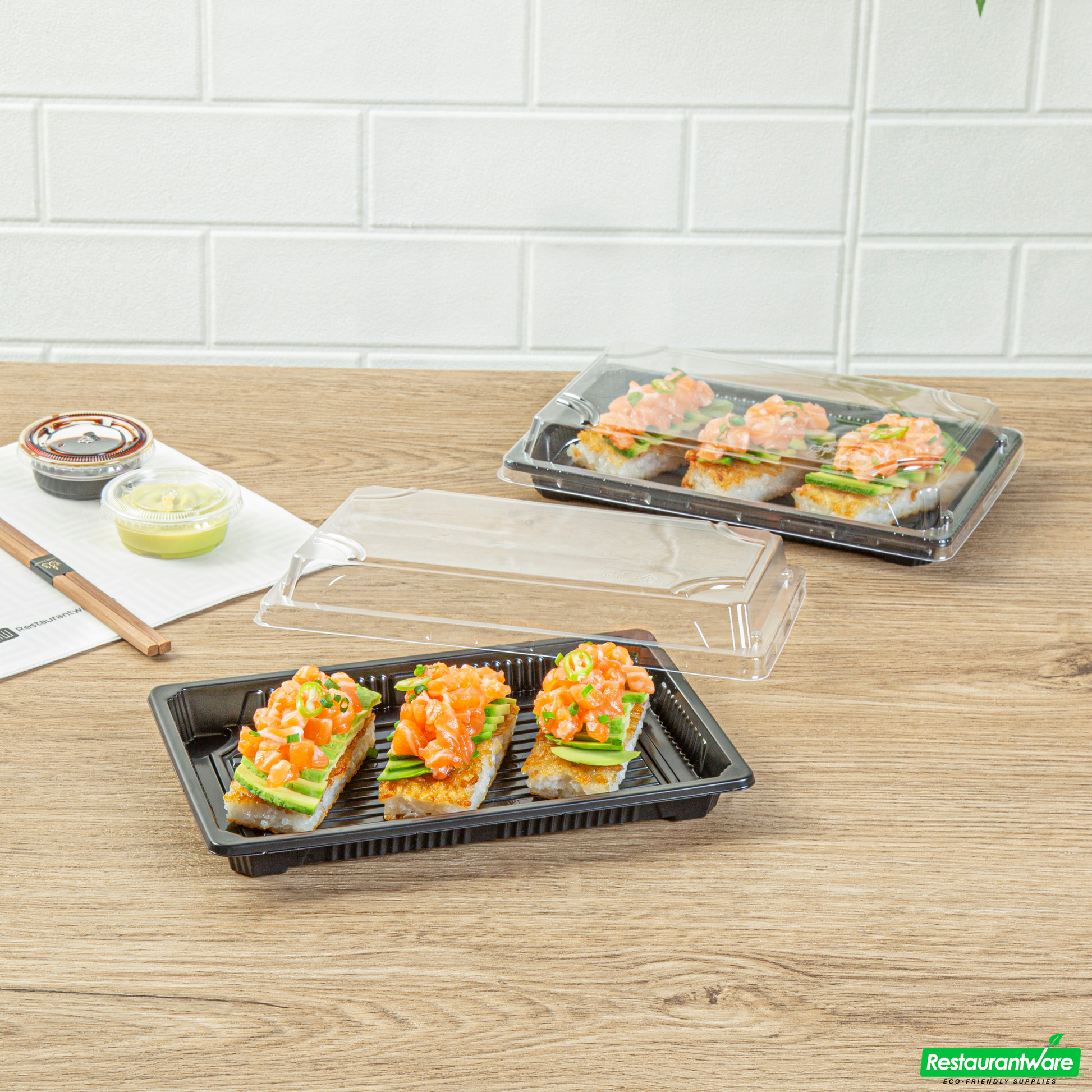 Wholesale Restaurantware Roku Rectangle Black Plastic Take Out Sushi Tray - with Clear Lid - 8 1/4" X 5 1/4" X 1 1/2" - 100 Count Box- Bulk