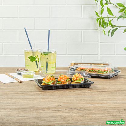 Wholesale Restaurantware Roku Rectangle Black Plastic Take Out Sushi Tray - with Clear Lid - 8 1/4" X 5 1/4" X 1 1/2" - 100 Count Box- Bulk