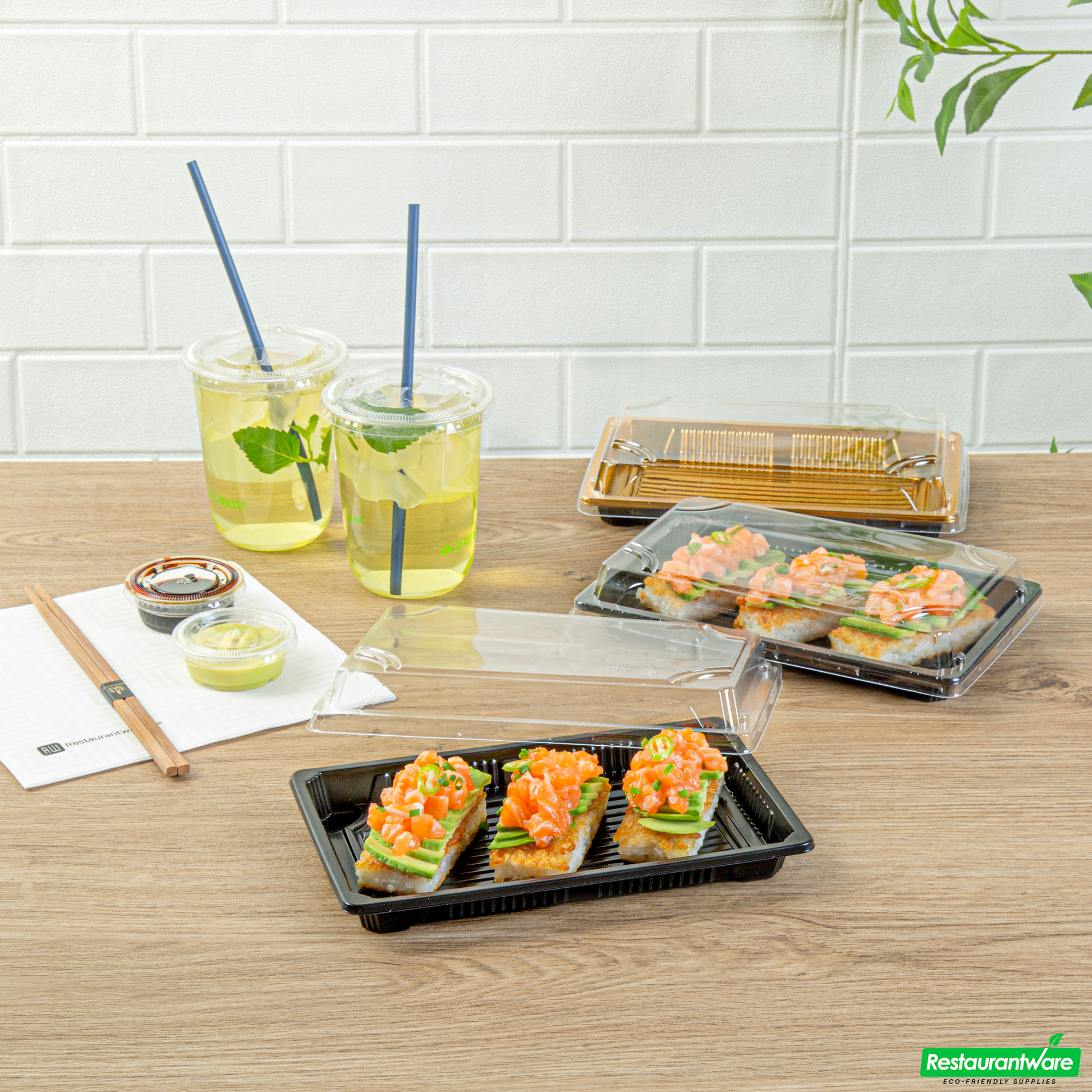 Wholesale Restaurantware Roku Rectangle Black Plastic Take Out Sushi Tray - with Clear Lid - 8 1/4" X 5 1/4" X 1 1/2" - 100 Count Box- Bulk