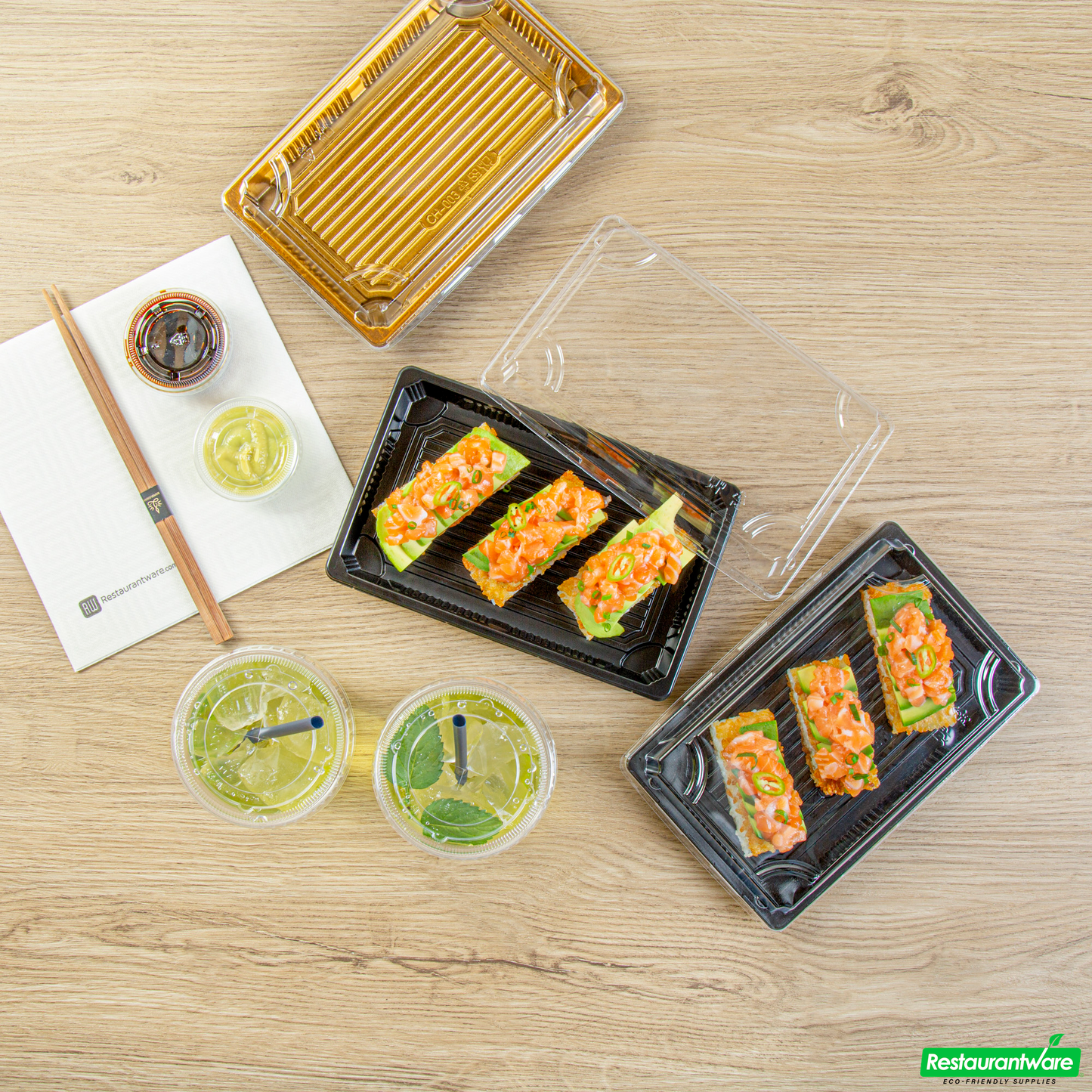 Wholesale Restaurantware Roku Rectangle Black Plastic Take Out Sushi Tray - with Clear Lid - 8 1/4" X 5 1/4" X 1 1/2" - 100 Count Box- Bulk