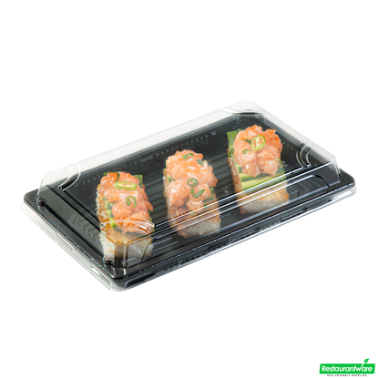 Wholesale Restaurantware Roku Rectangle Black Plastic Take Out Sushi Tray - with Clear Lid - 8 1/4" X 5 1/4" X 1 1/2" - 100 Count Box- Bulk