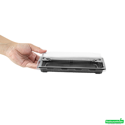 Wholesale Restaurantware Roku Rectangle Black Plastic Take Out Sushi Tray - with Clear Lid - 8 1/4" X 5 1/4" X 1 1/2" - 100 Count Box- Bulk