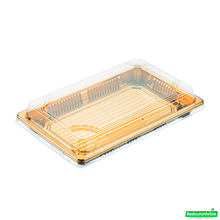 Wholesale Restaurantware Roku Rectangle Gold Plastic Take Out Sushi Tray - with Clear Lid - 8 1/4" X 5 1/4" X 1 1/2" - 100 Count Box- Bulk