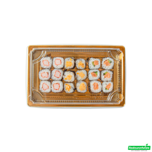 Wholesale Restaurantware Roku Rectangle Gold Plastic Take Out Sushi Tray - with Clear Lid - 8 1/4" X 5 1/4" X 1 1/2" - 100 Count Box- Bulk