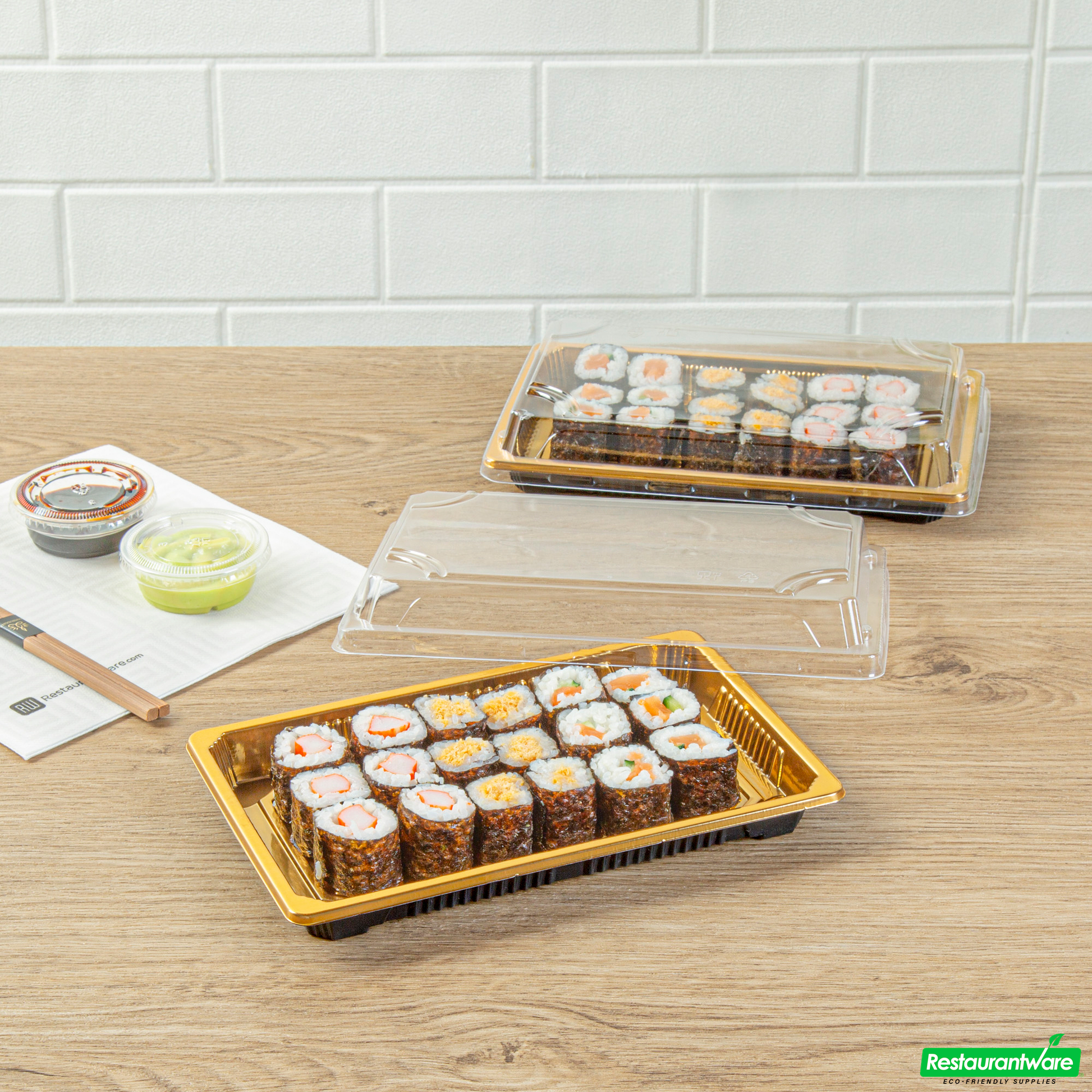Wholesale Restaurantware Roku Rectangle Gold Plastic Take Out Sushi Tray - with Clear Lid - 8 1/4" X 5 1/4" X 1 1/2" - 100 Count Box- Bulk