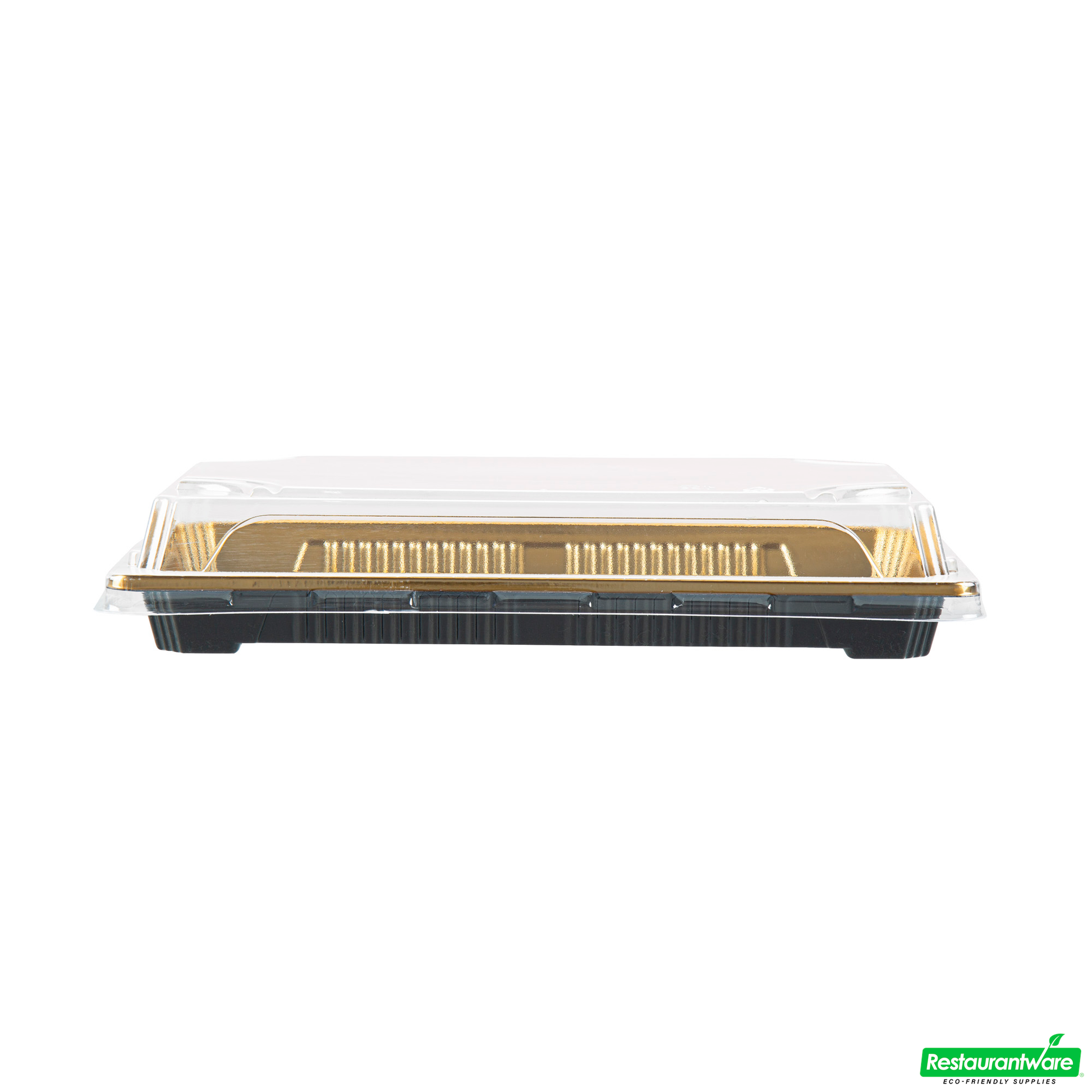 Wholesale Restaurantware Roku Rectangle Gold Plastic Take Out Sushi Tray - with Clear Lid - 8 1/4" X 5 1/4" X 1 1/2" - 100 Count Box- Bulk