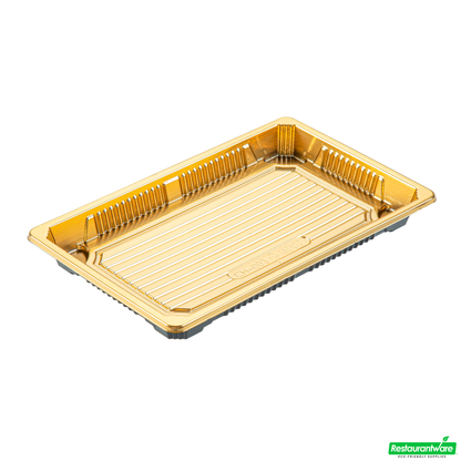 Wholesale Restaurantware Roku Rectangle Gold Plastic Take Out Sushi Tray - with Clear Lid - 8 1/4" X 5 1/4" X 1 1/2" - 100 Count Box- Bulk