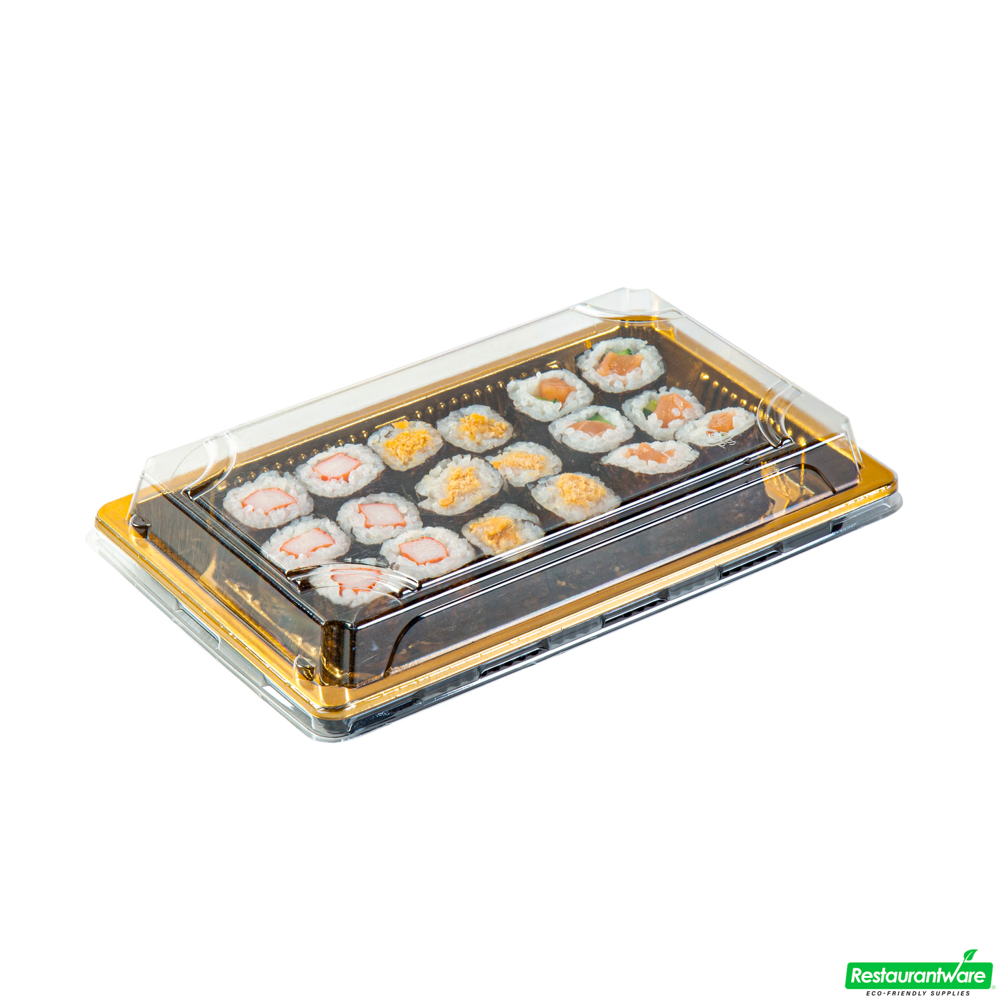 Wholesale Restaurantware Roku Rectangle Gold Plastic Take Out Sushi Tray - with Clear Lid - 8 1/4" X 5 1/4" X 1 1/2" - 100 Count Box- Bulk