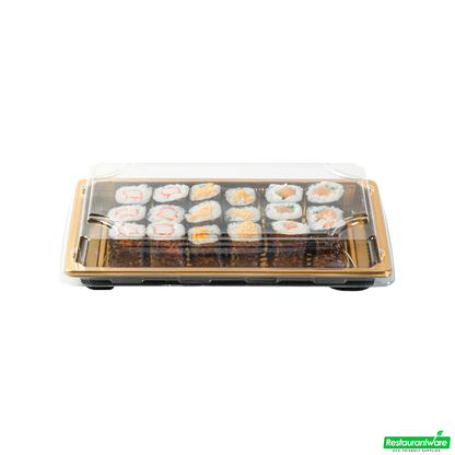 Wholesale Restaurantware Roku Rectangle Gold Plastic Take Out Sushi Tray - with Clear Lid - 8 1/4" X 5 1/4" X 1 1/2" - 100 Count Box- Bulk