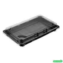Wholesale Restaurantware Roku Rectangle Black Plastic Take Out Sushi Tray - with Clear Lid - 9 1/4" X 6" X 1 3/4" - 100 Count Box- Bulk