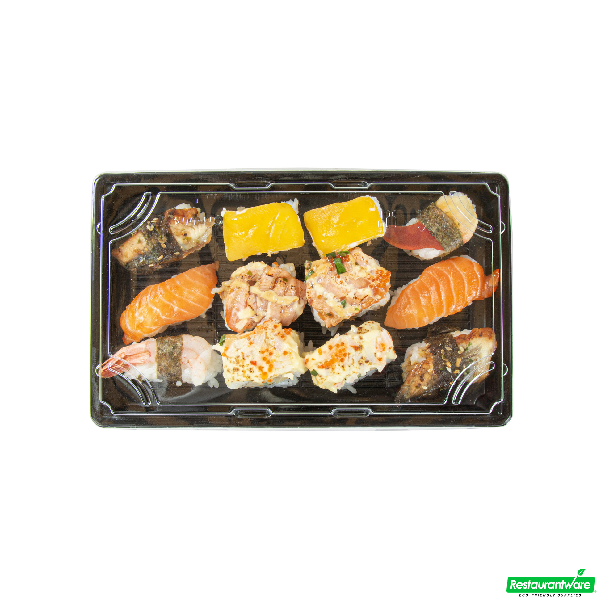 Wholesale Restaurantware Roku Rectangle Black Plastic Take Out Sushi Tray - with Clear Lid - 9 1/4" X 6" X 1 3/4" - 100 Count Box- Bulk