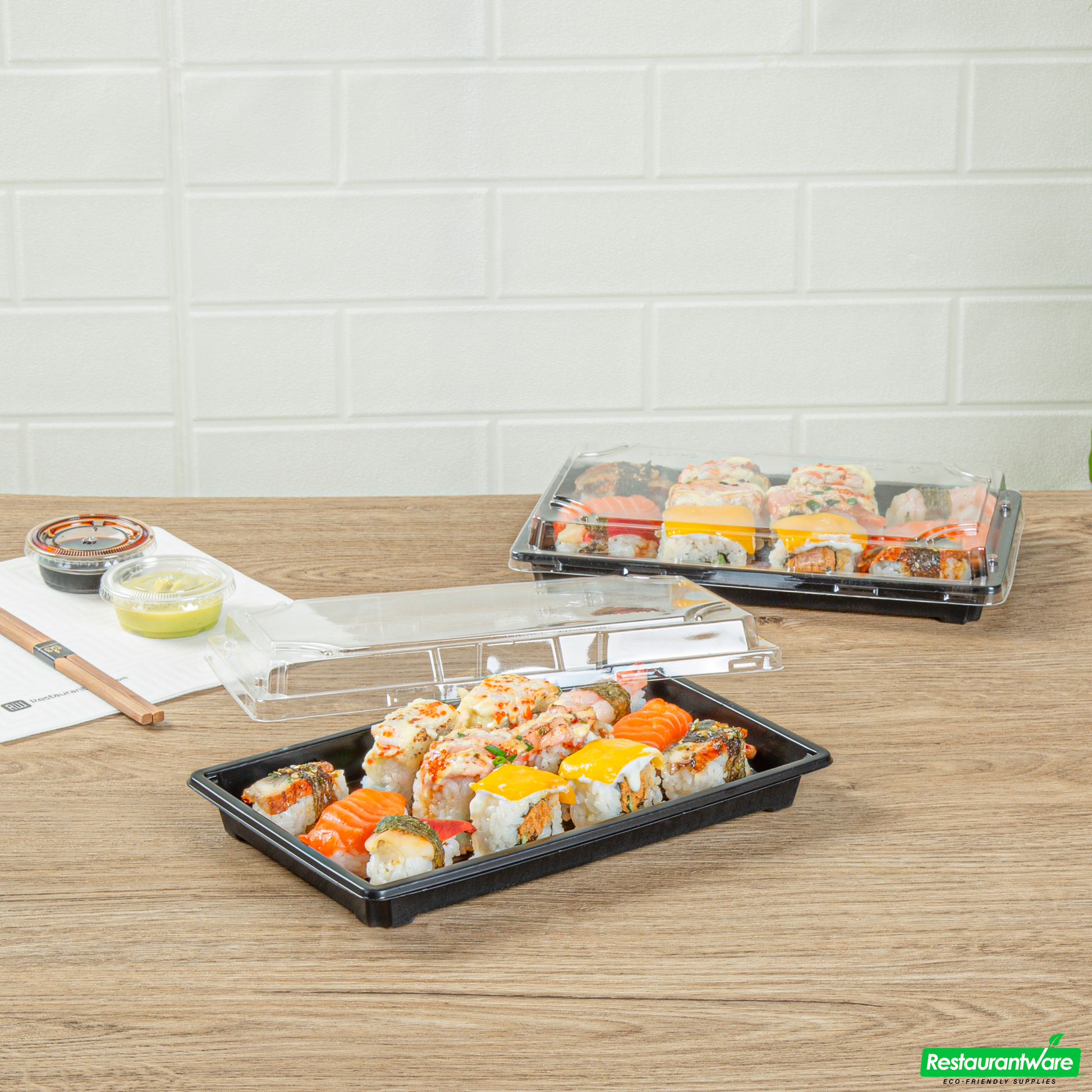 Wholesale Restaurantware Roku Rectangle Black Plastic Take Out Sushi Tray - with Clear Lid - 9 1/4" X 6" X 1 3/4" - 100 Count Box- Bulk