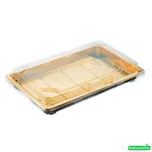 Wholesale Restaurantware Roku Rectangle Gold Plastic Take Out Sushi Tray - with Clear Lid - 9 1/4" X 6" X 1 3/4" - 100 Count Box- Bulk